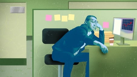An illustration of a man sleeping at his desk in a cubicle